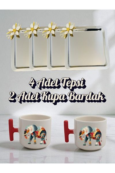 lili hediyelik 4-Piece Daisy Tray Coffee Presentation Tray 21X21 cm - 2-Piece Elephant Red Handled Coffee Cup