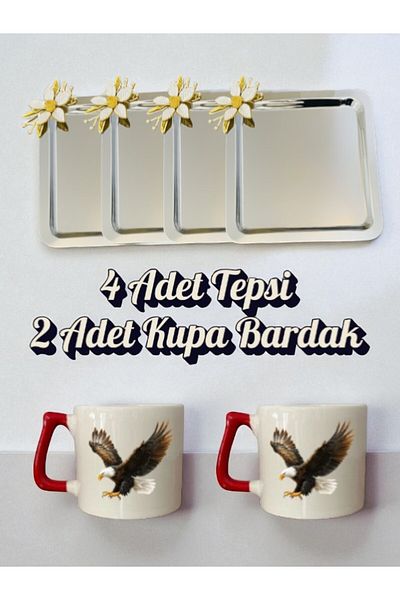 lili hediyelik 4-Piece Daisy Tray Coffee Presentation Tray 21X21 cm - 2-Piece Eagle Coffee Cup Mug Cup
