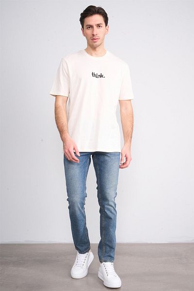 Çetinkaya Chester Polo 3900 Men's Crew Neck Cotton Printed Comfort T-Shirt Cream