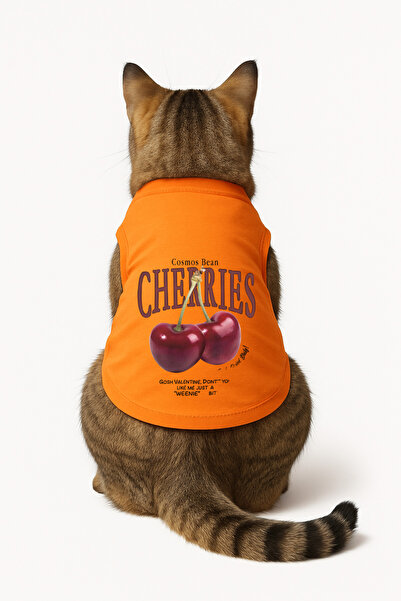 Buddy Store ملابس قطط - قميص داخلي برتقالي مطبوع عليه كرز - مقاس L