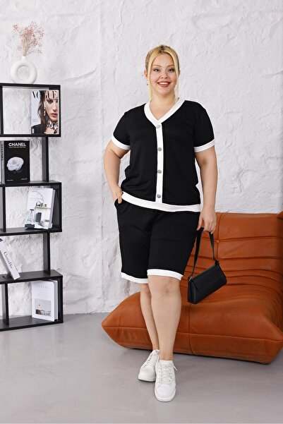 Siyezen Plus Size Button Detailed Modal Fabric Shorts Suit
