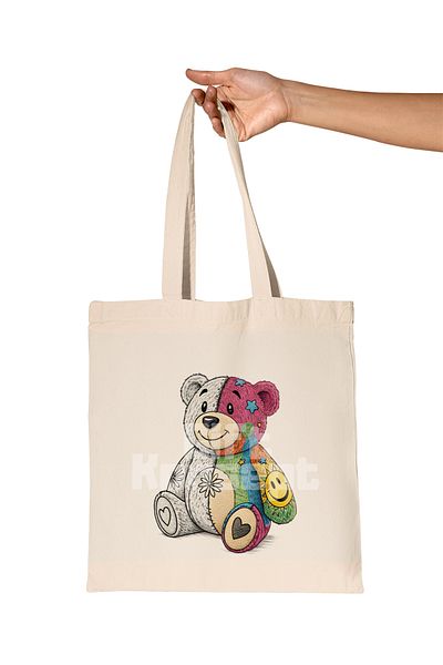 giftkonsept Half Colorful Half Black Teddy Bear Printed Gift Organic Raw Cloth Bag