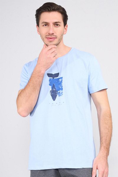 Çetinkaya Chester Polo 3861 Crew Neck 30/1 Combed Cotton Slimfit Printed T-Shirt Blue