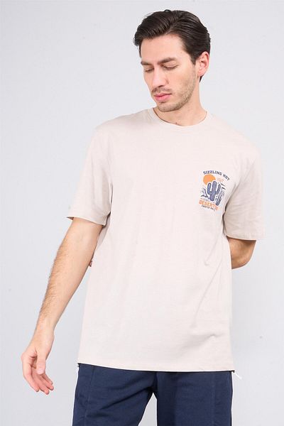 Çetinkaya Chester Polo 3853 Crew Neck 30/1 Combed Cotton Comfort Printed T-Shirt Mink
