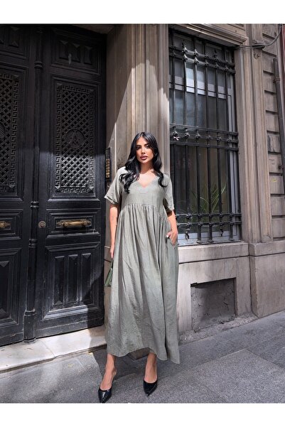 CARLA MARA Rochie neagră cu decolteu în V și mâneci duble, kaki