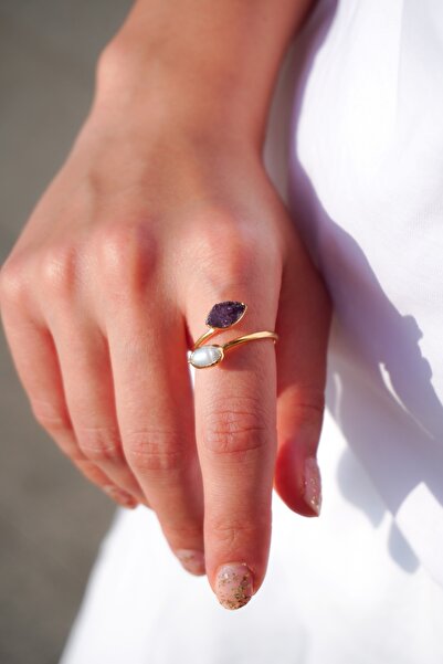 Rumon Ametist ve Barok İnci Doğal Taş Altın Kaplama Pirinç El Yapımı Yüzük