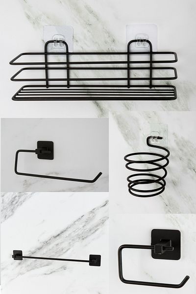 UG Home Μαύρη θήκη για ντους μπάνιου Αυτοκόλλητη μακριά θήκη για πετσέτες Εξωτερική θήκη για χαρτί υγείας Solo Σετ 5 τεμαχίων