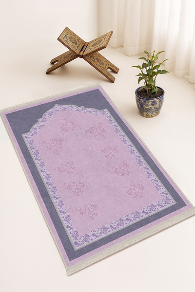 Realhomes Lila Çiçek Motifli Dijital Baskılı Kaymaz Tabanlı Saçaklı Seccade 7...