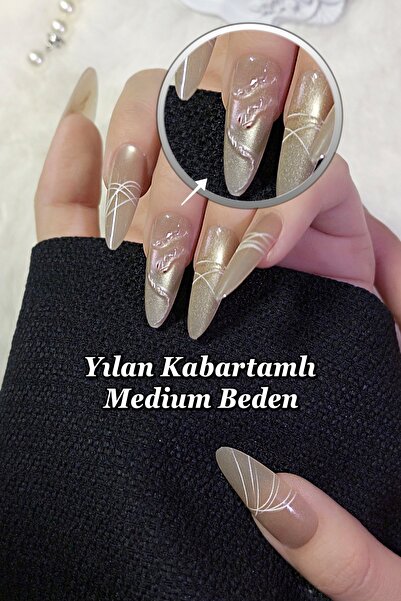 Easy Beauty MEDIUM Beden Uzun Stiletto Yılan Kabartmalı 10 Adet Takma Tırnak ...