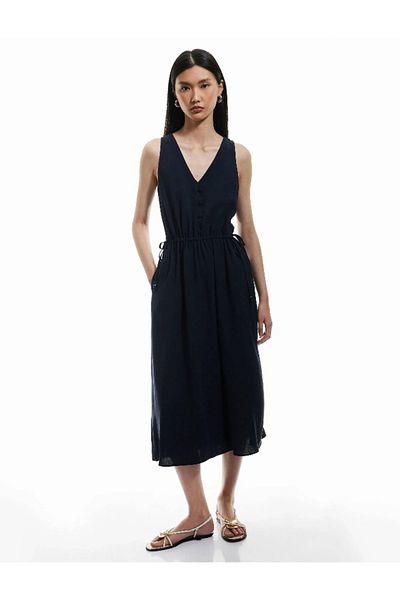 Koton Viscose Linen Blended Pocket Sleeveless V-Neck Midi Dress