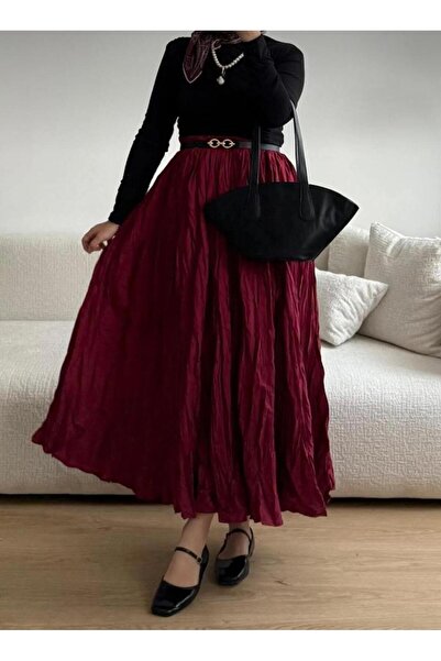 Mynoa Women's Wrinkled Long Flared Burgundy Hijab Skirt Women's Skirt