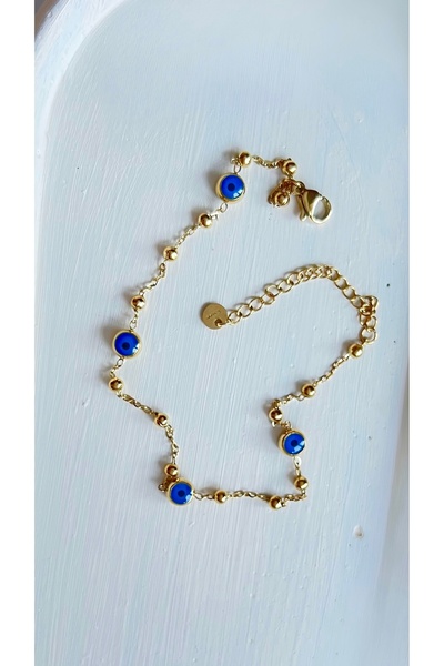 solaris design Mavi Nazar Boncuklu Dorikalı Altın Rengi Çelik Halhal