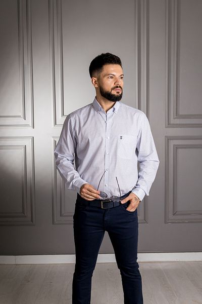 Sarar Cămașă Eleta Classic Fit 100% bumbac mic în carouri alb albastru cu buzunare