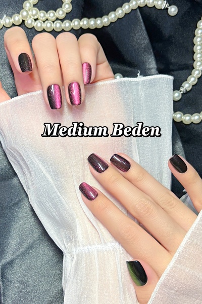 Easy Beauty MEDIUM Beden Koyu Bordo Kedi Gözü Kısa Küt 10 Adet Takma Tırnak S...