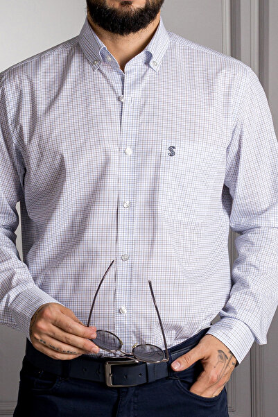 Sarar Cămașă Eleta Classic Fit 100% bumbac mic în carouri alb albastru cu buzunare