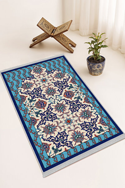Realhomes Turkuaz Mavi Kenarlı Osmanlı Motifli Kaymaz Seccade 75x120cm