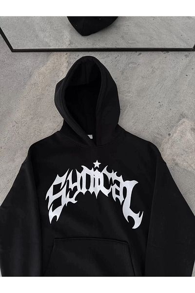 mzpkartan Three Thread Hooded Printed Oversize Sweatshirt- Black