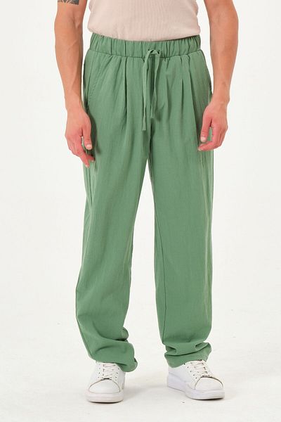 RELAXL 100% Cotton Light Fabric Wide Leg Casual Trousers Bntton Green