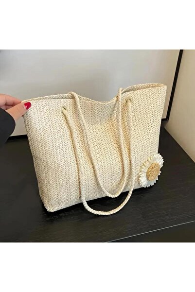 Tudivanyu Aksesuar Woven Straw Beach Bag with Daisy Decoration