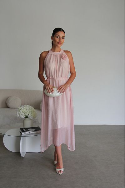 Julidress Pink Rose Detailed Belted Halter Neckline Lined Premium Slim Dress