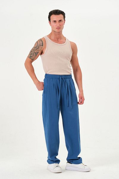 RELAXL 100% Cotton Şile Cloth Wide Leg Oversize Summer Trousers Saks Blue