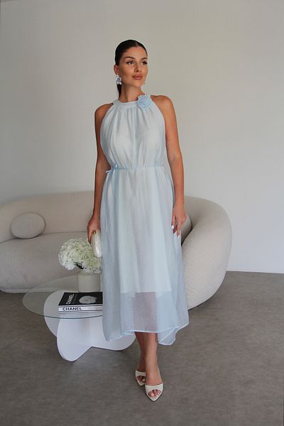 Julidress Blue Rose Detailed Belted Halter Neckline Lined Premium Slim Dress