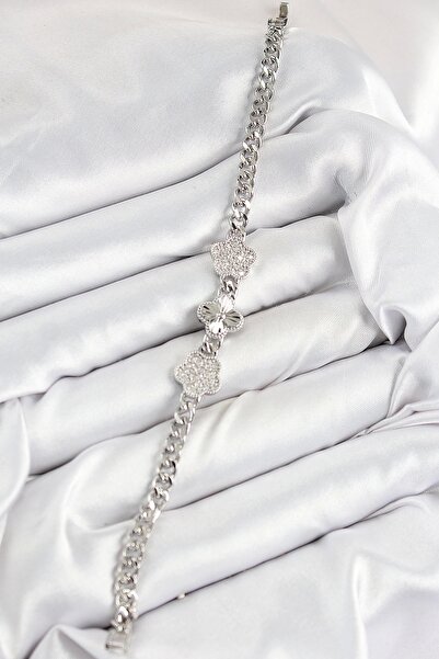 Clariss Brass Zircon Stone Clover Model Silver Color Women's Bracelet
