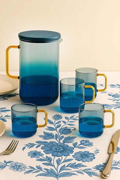 Jenisa Borosilikat Cam Degrade Mavi Sürahi ve 4’lü Bardak Seti – 2100 ml Isıy...