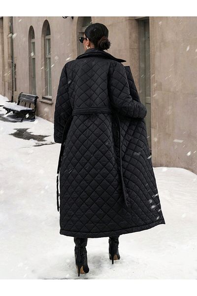 SERBA Baklava Pattern Waist Lace-Up Long Women's Coat
