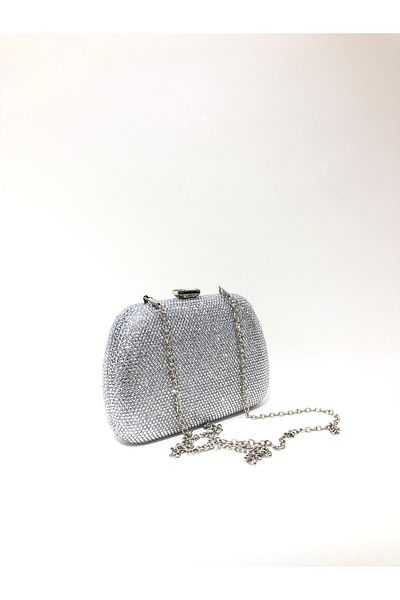 womenacs Silver Color Double Side Stone Material Evening Dress Portfolio Clutch Wedding Engagement Henna Evening Bag
