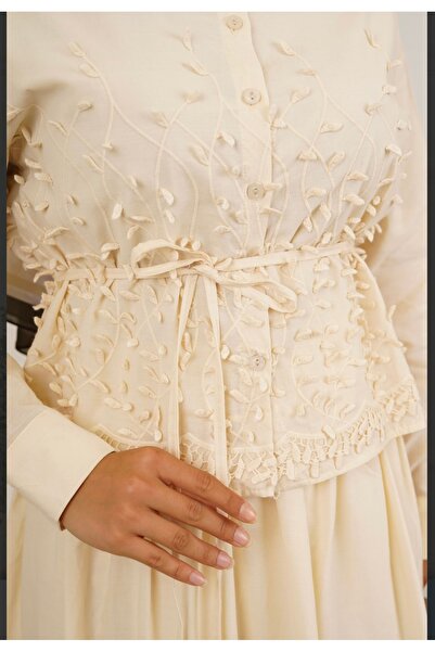 BZ BUTİK Leaf Embossed/Embroidery Detailed Belted Shirt Skirt Double Suit