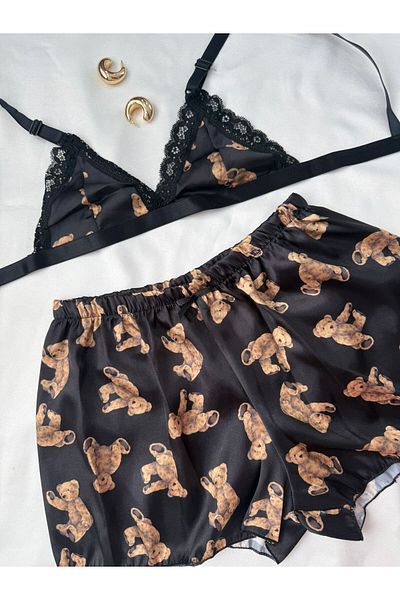 İNKO İÇ GİYİM Σετ σορτς Bralet με σατέν μοτίβο με λεπτομέρεια δαντέλας