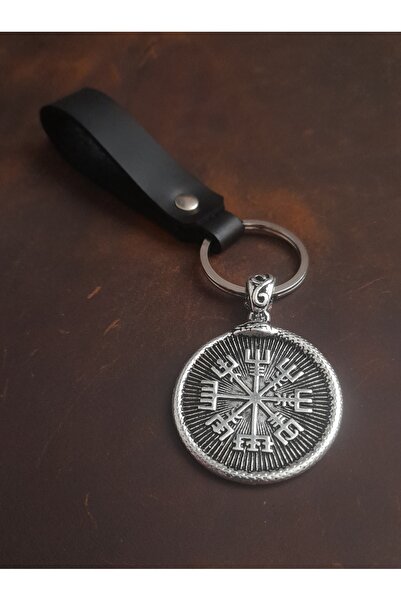 E&F Takı سلسلة مفاتيح من الجلد الطبيعي بتصميم بوصلة VEGVISIR الممتازة