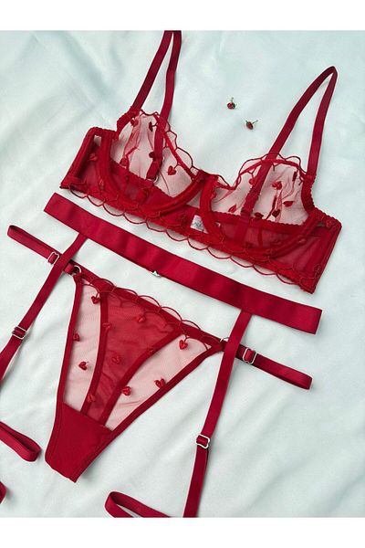 İNKO İÇ GİYİM Underwire Uncovered Tulle Detailed Patterned Bra Set (Bra Thong) Fancy Underwear Set