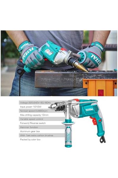 TOTAL Impact Drill 1010W Heavy Duty Drilling Machine 2800rpm Hammer Drill 1.5-13mm Chuck 220/240V 50/60Hz