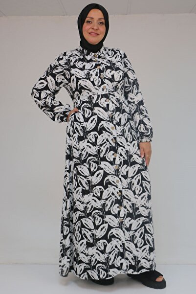 Eslina 42014 Plus Size Patterned Viscose Men's Collared Dress - Leaf Pattern Black