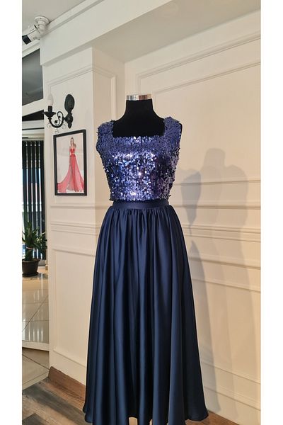 makbuleofficial Navy Blue Sequined Square Collar Blouse, Midi Length Gathered Skirt