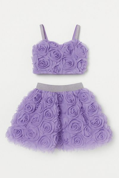 Magu Girl's Lilac 3D Flower Detailed Skirt Suit
