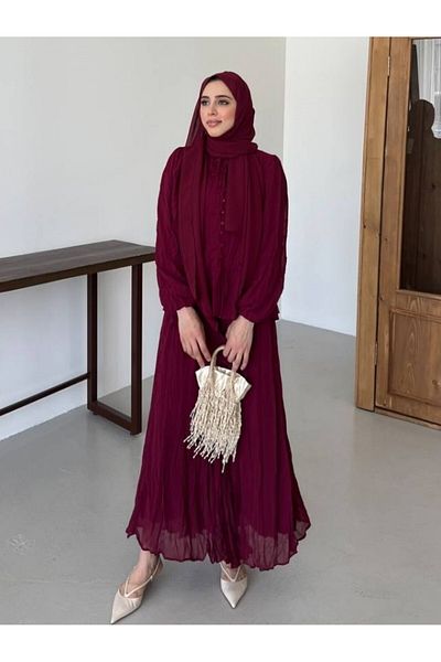 Modamorfo Chiffon Crash Skirt Suit with Ruffled Collar and Buttons - Burgundy