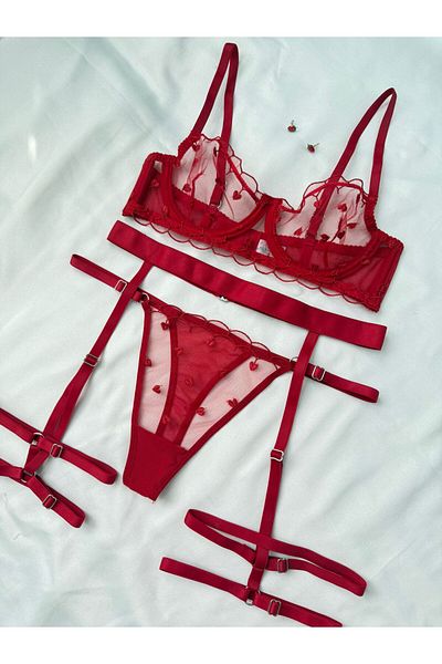İNKO İÇ GİYİM Underwire Uncovered Tulle Detailed Patterned Bra Set (Bra Thong) Fancy Underwear Set
