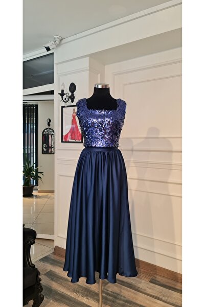 makbuleofficial Lacivert Payetli Kare Yakalı Bluz ,Midi Boy Büzgülü Etek