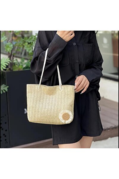Tudivanyu Aksesuar Woven Straw Beach Bag with Daisy Decoration