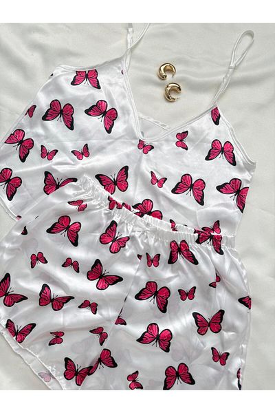 İNKO İÇ GİYİM Satin Patterned Adjustable Strap Shorts Pajama Set