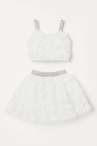 Magu Girl's White 3D Floral Detailed Skirt Suit