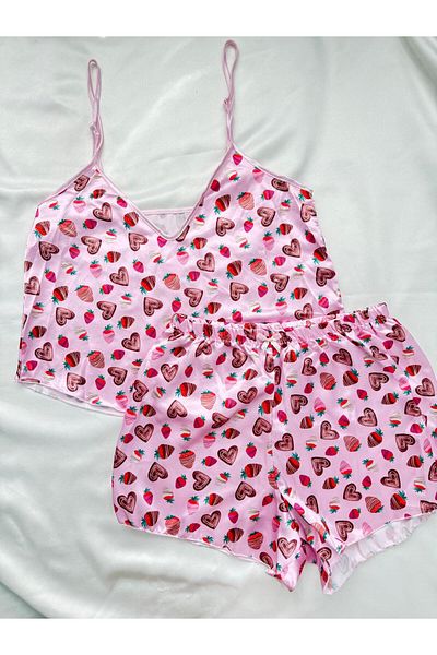 İNKO İÇ GİYİM Satin Patterned Adjustable Strap Shorts Pajama Set