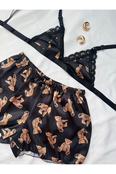 İNKO İÇ GİYİM Σετ σορτς Bralet με σατέν μοτίβο με λεπτομέρεια δαντέλας