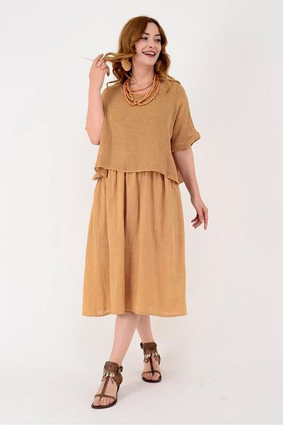 EREN STYLE Italian Muslin Linen Top Mesh Blouse Lined One-Piece Dress