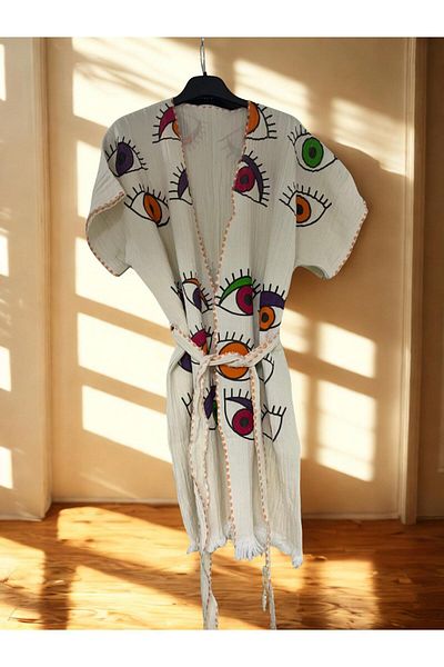 TekStilize Sea Group Eye Patterned Kimono (100% Cotton)