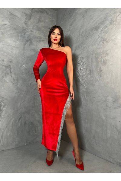ماركة غير محددة One-shoulder velvet dress