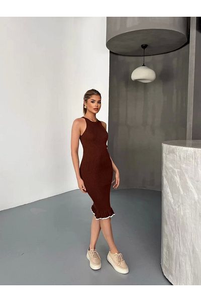 MODA CS Ruffle Detailed Knitwear Dress - Brown
